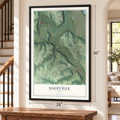 Sageville, Iowa map, 24 x 36 inch print in a black frame by a staircase