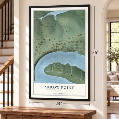 Arrow Point, Missouri map, 24 x 36 inch print in a black frame by a staircase
