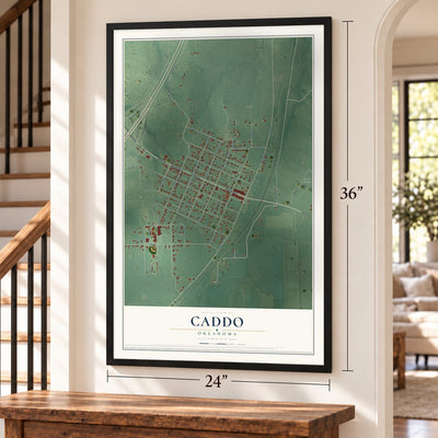Caddo, Oklahoma map, 24 x 36 inch print in a black frame by a staircase