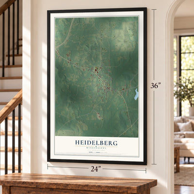 Heidelberg, Mississippi map, 24 x 36 inch print in a black frame by a staircase