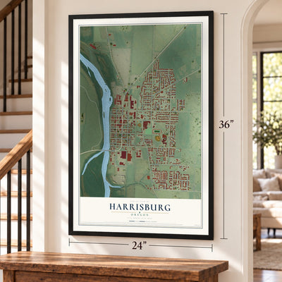 Harrisburg, Oregon map, 24 x 36 inch print in a black frame by a staircase