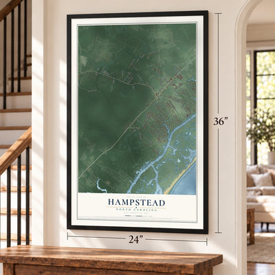 Hampstead, North Carolina map, 24 x 36 inch print in a black frame by a staircase