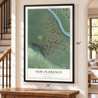 New Florence, Pennsylvania map, 24 x 36 inch print in a black frame by a staircase