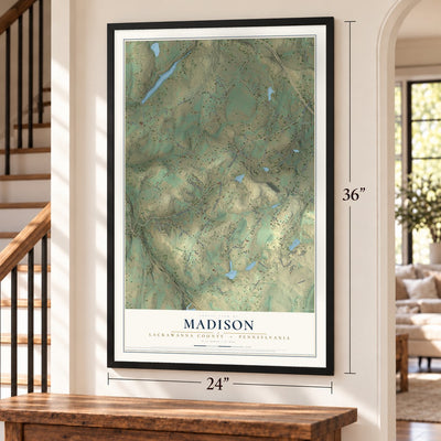 Madison, Lackawanna County, Pennsylvania map, 24 x 36 inch print in a black frame by a staircase