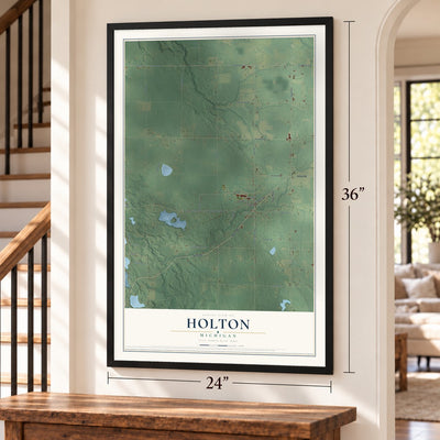 Holton, Michigan map, 24 x 36 inch print in a black frame by a staircase