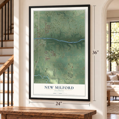 New Milford, Illinois map, 24 x 36 inch print in a black frame by a staircase