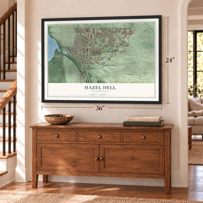 Hazel Dell, Washington map, 24 x 36 inch print in a black frame above a dresser by a staircase