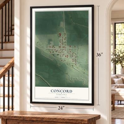 Concord, Nebraska map, 24 x 36 inch print in a black frame by a staircase