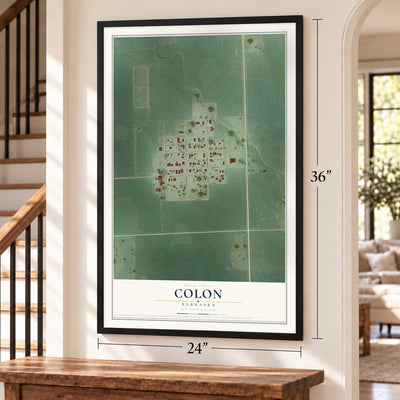 Colon, Nebraska map, 24 x 36 inch print in a black frame by a staircase