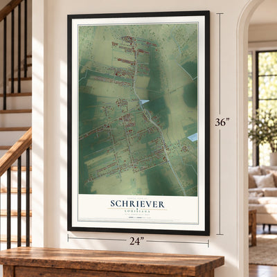 Schriever, Louisiana map, 24 x 36 inch print in a black frame by a staircase