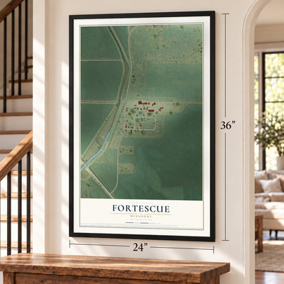 Fortescue, Missouri map, 24 x 36 inch print in a black frame by a staircase