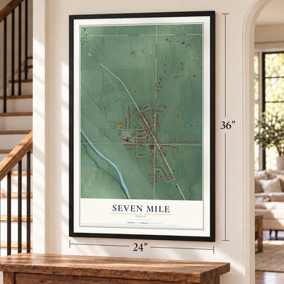 Seven Mile, Ohio map, 24 x 36 inch print in a black frame by a staircase