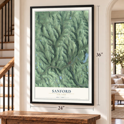 Sanford, New York map, 24 x 36 inch print in a black frame by a staircase