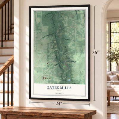 Gates Mills, Ohio map, 24 x 36 inch print in a black frame by a staircase