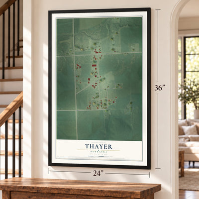 Thayer, Nebraska map, 24 x 36 inch print in a black frame by a staircase