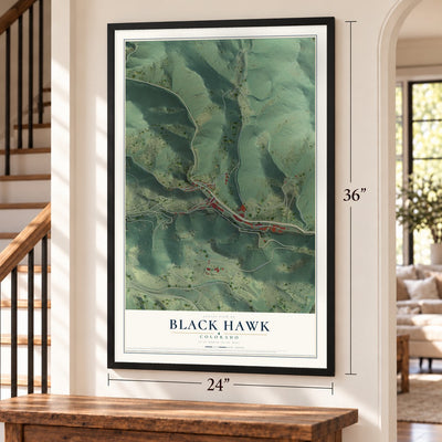 Black Hawk, Colorado map, 24 x 36 inch print in a black frame by a staircase