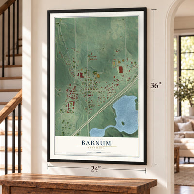 Barnum, Minnesota map, 24 x 36 inch print in a black frame by a staircase