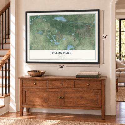 Palos Park, Illinois map, 24 x 36 inch print in a black frame above a dresser by a staircase