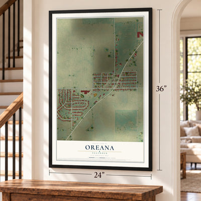 Oreana, Illinois map, 24 x 36 inch print in a black frame by a staircase