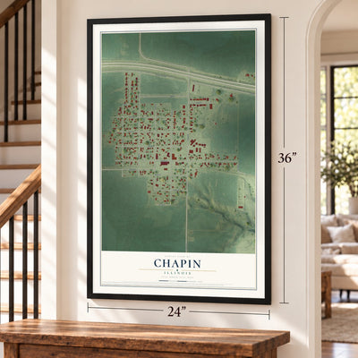 Chapin, Illinois map, 24 x 36 inch print in a black frame by a staircase