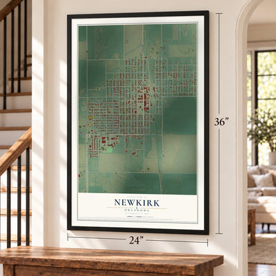 Newkirk, Oklahoma map, 24 x 36 inch print in a black frame by a staircase