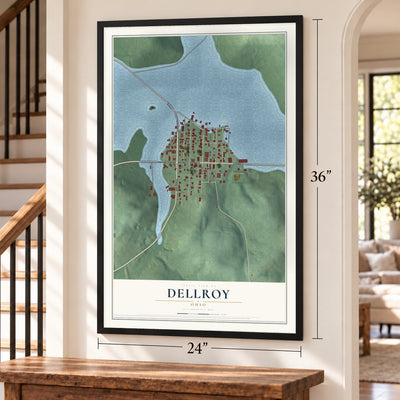 Dellroy, Ohio map, 24 x 36 inch print in a black frame by a staircase