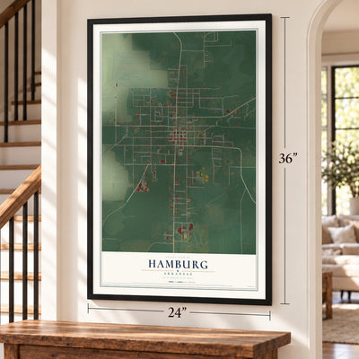 Hamburg, Arkansas map, 24 x 36 inch print in a black frame by a staircase