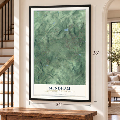 Mendham, Morris County, New Jersey map, 24 x 36 inch print in a black frame by a staircase