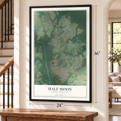 Half Moon, North Carolina map, 24 x 36 inch print in a black frame by a staircase