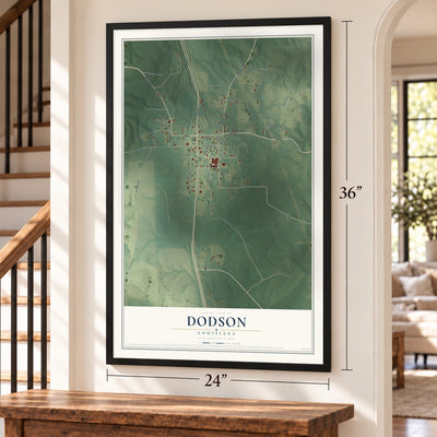 Dodson, Louisiana map, 24 x 36 inch print in a black frame by a staircase