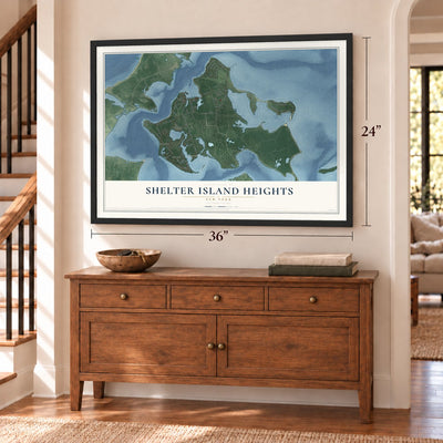 Shelter Island Heights, New York map, 24 x 36 inch print in a black frame above a dresser by a staircase