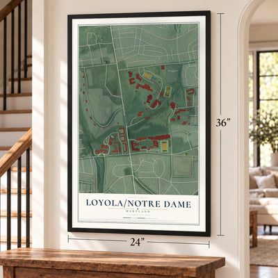 Loyola-Notre Dame, Maryland map, 24 x 36 inch print in a black frame by a staircase