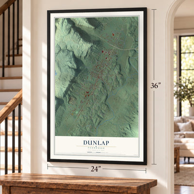 Dunlap, Tennessee map, 24 x 36 inch print in a black frame by a staircase