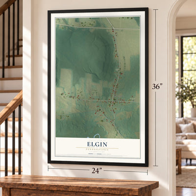Elgin, Pennsylvania map, 24 x 36 inch print in a black frame by a staircase