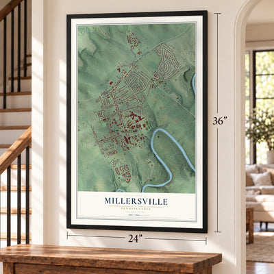Millersville, Pennsylvania map, 24 x 36 inch print in a black frame by a staircase