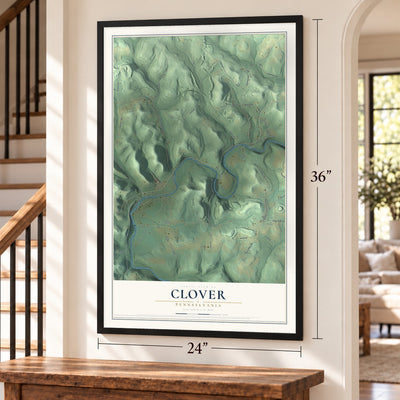 Clover, Pennsylvania map, 24 x 36 inch print in a black frame by a staircase
