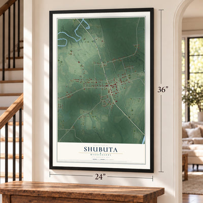 Shubuta, Mississippi map, 24 x 36 inch print in a black frame by a staircase
