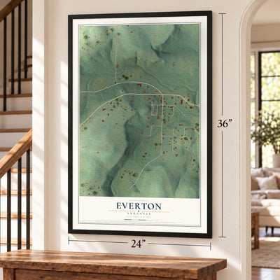Everton, Arkansas map, 24 x 36 inch print in a black frame by a staircase