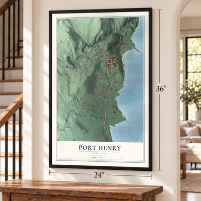 Port Henry, New York map, 24 x 36 inch print in a black frame by a staircase