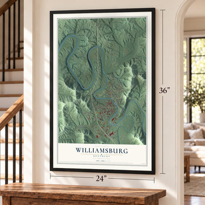 Williamsburg, Kentucky map, 24 x 36 inch print in a black frame by a staircase