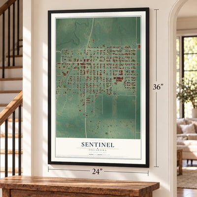 Sentinel, Oklahoma map, 24 x 36 inch print in a black frame by a staircase