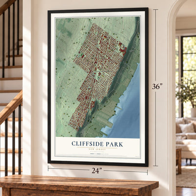 Cliffside Park, New Jersey map, 24 x 36 inch print in a black frame by a staircase