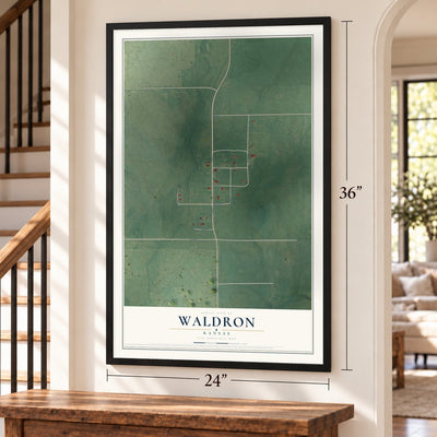 Waldron, Kansas map, 24 x 36 inch print in a black frame by a staircase