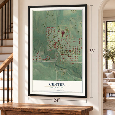 Center, North Dakota map, 24 x 36 inch print in a black frame by a staircase