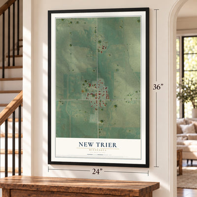 New Trier, Minnesota map, 24 x 36 inch print in a black frame by a staircase