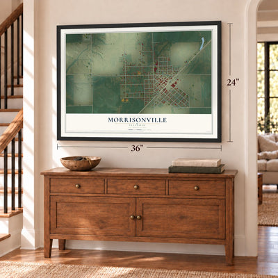 Morrisonville, Illinois map, 24 x 36 inch print in a black frame above a dresser by a staircase