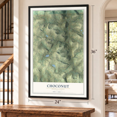 Choconut, Pennsylvania map, 24 x 36 inch print in a black frame by a staircase