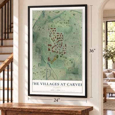 The Villages at Carver, Georgia map, 24 x 36 inch print in a black frame by a staircase