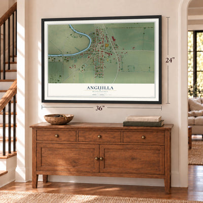 Anguilla, Mississippi map, 24 x 36 inch print in a black frame above a dresser by a staircase