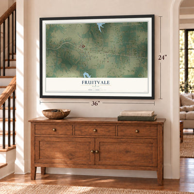 Fruitvale, Texas map, 24 x 36 inch print in a black frame above a dresser by a staircase